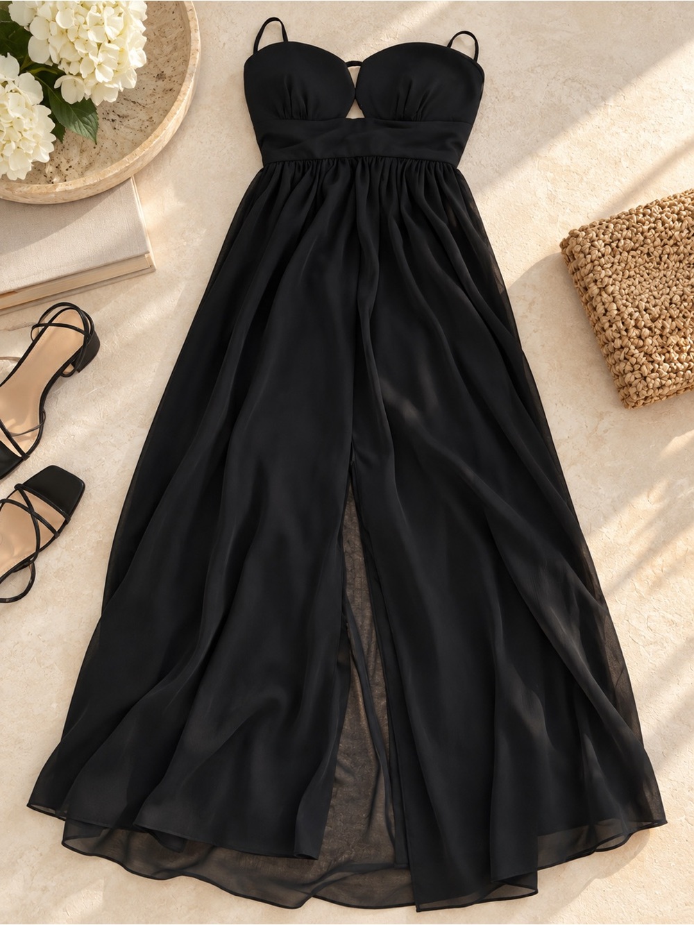 BCBG Black Bustier Wide-Leg Jumpsuit with Sheer Overlay